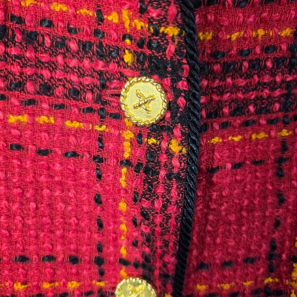 Vintage Leslie Fay Blazer Women's 8 Red Plaid Boucle Gold Button Classic Festive - Picture 3 of 11